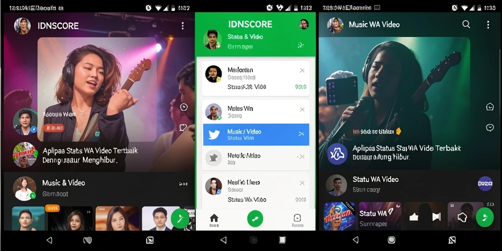 Antarmuka aplikasi IDNSCORE dengan koleksi video menarik untuk Status WA.