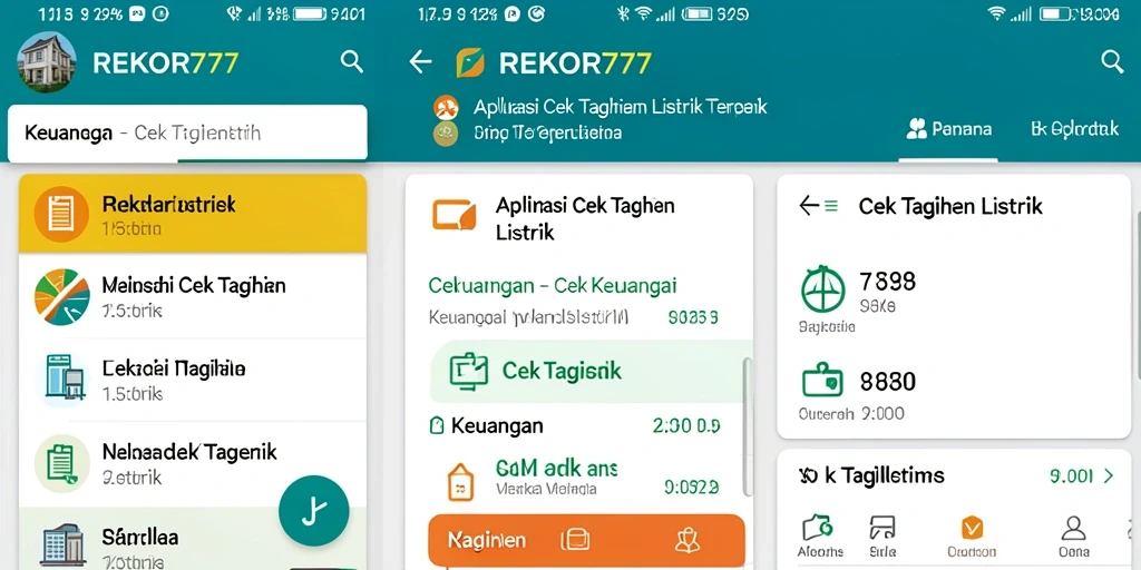 Tampilan antarmuka utama REKOR777 yang menampilkan cek tagihan listrik.
