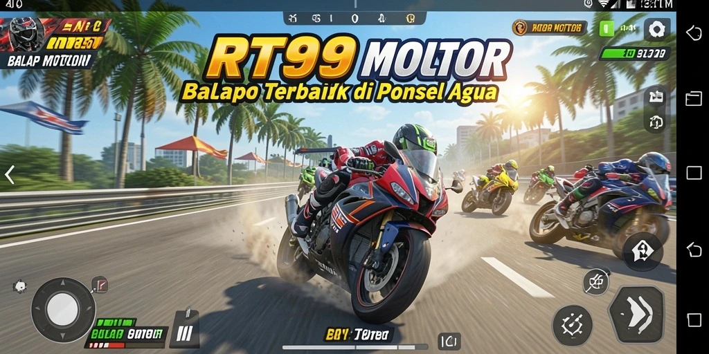 Antarmuka permainan RT99 yang dinamis dan menarik saat balapan motor.